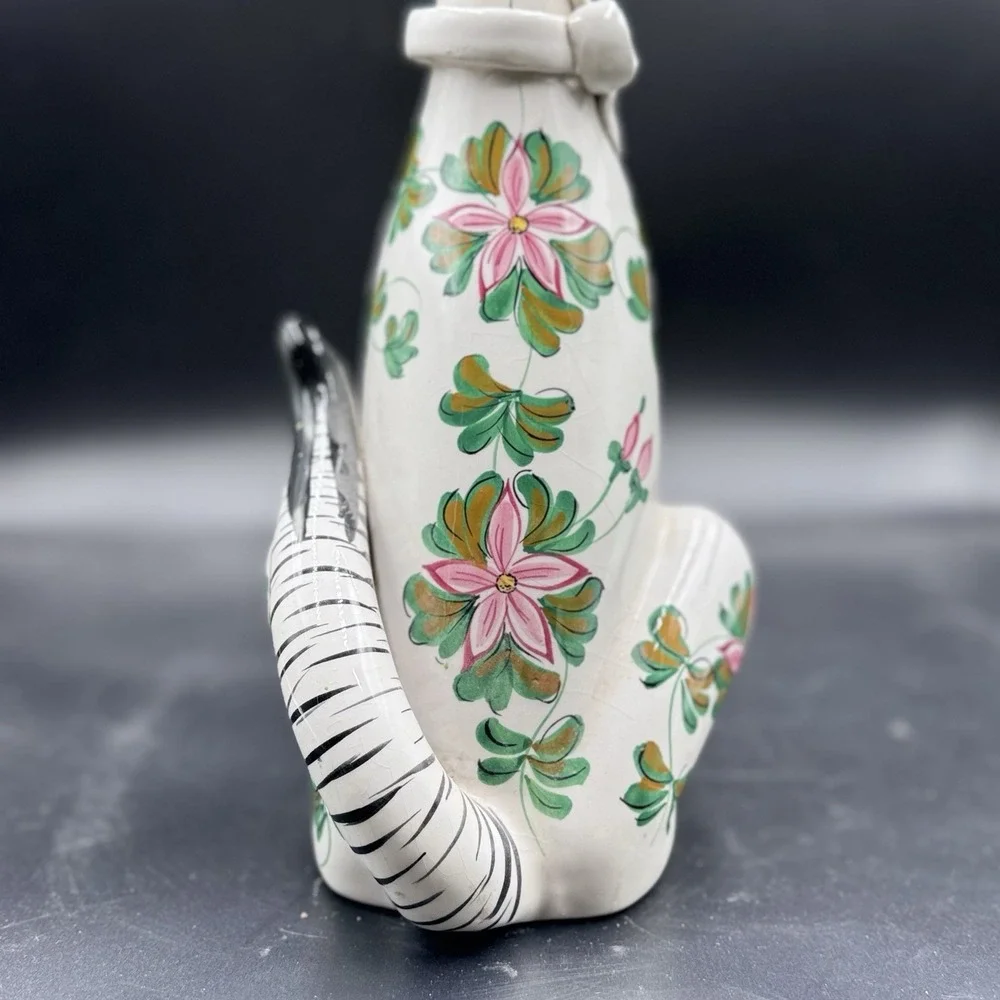 VTG Long Neck Ceramic Cat LARGE Figurine Made Italy‎ 1960s Floral W/Bow Rare 17